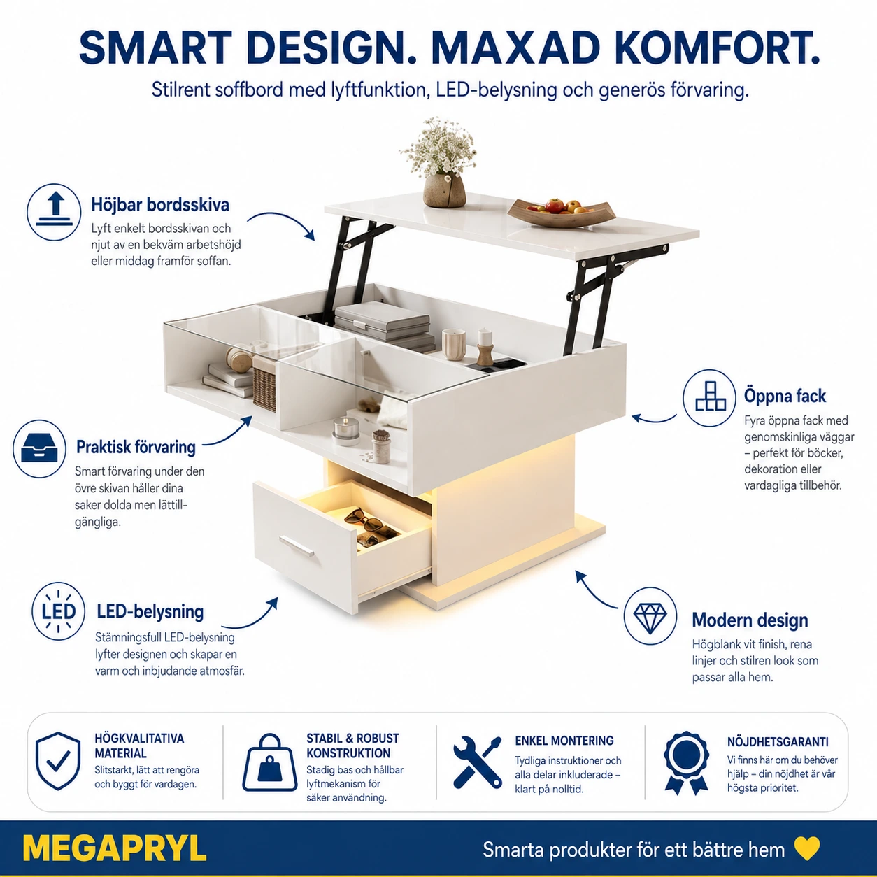 Höj- och sänkbart soffbord med LED och förvaring