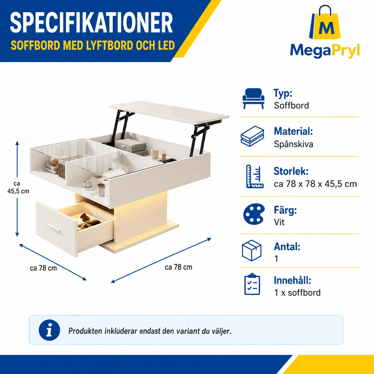 Höj- och sänkbart soffbord med LED och förvaring