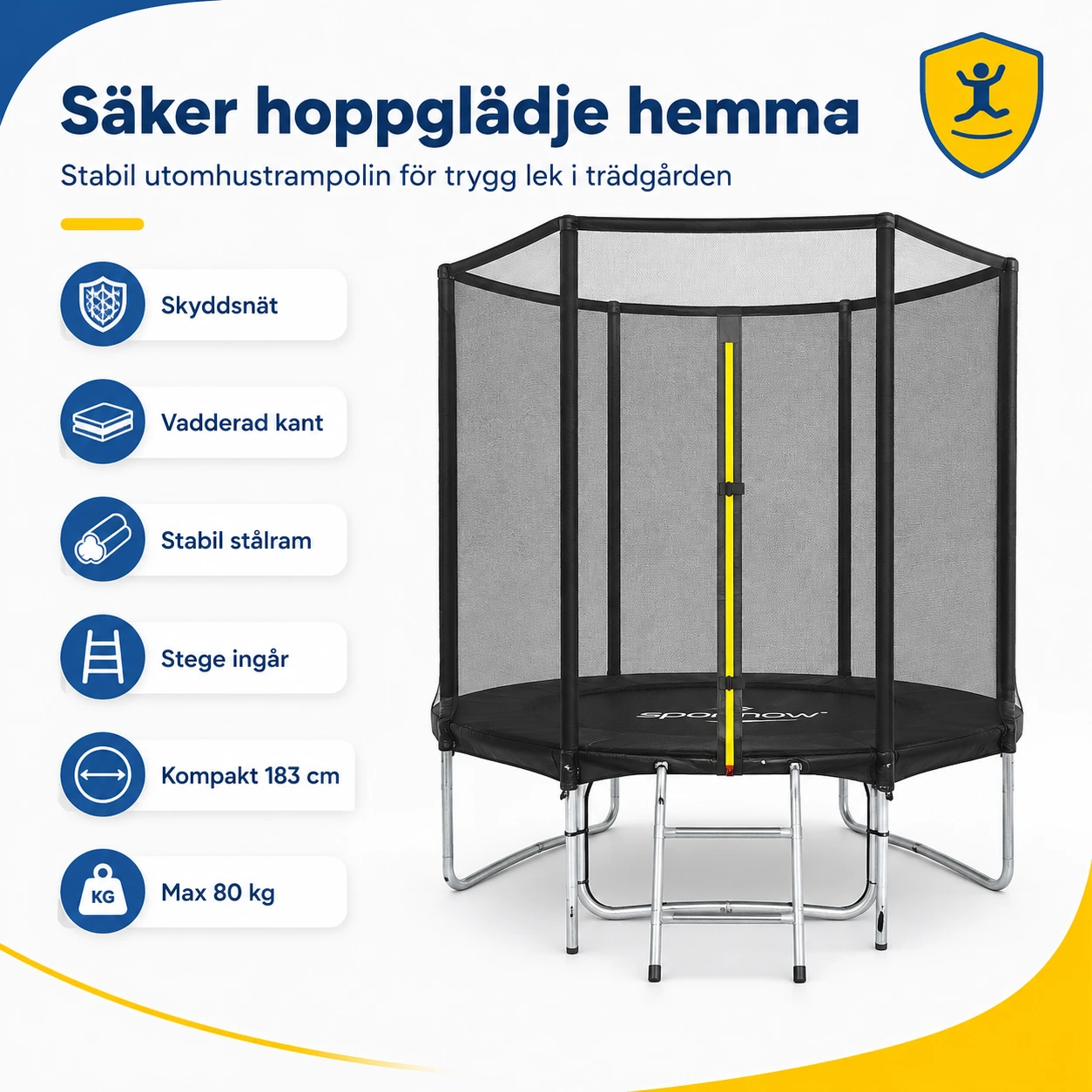 Sportnow Utomhustrampolin för Barn Ø183 cm med Skyddsnät och Stege, Svart