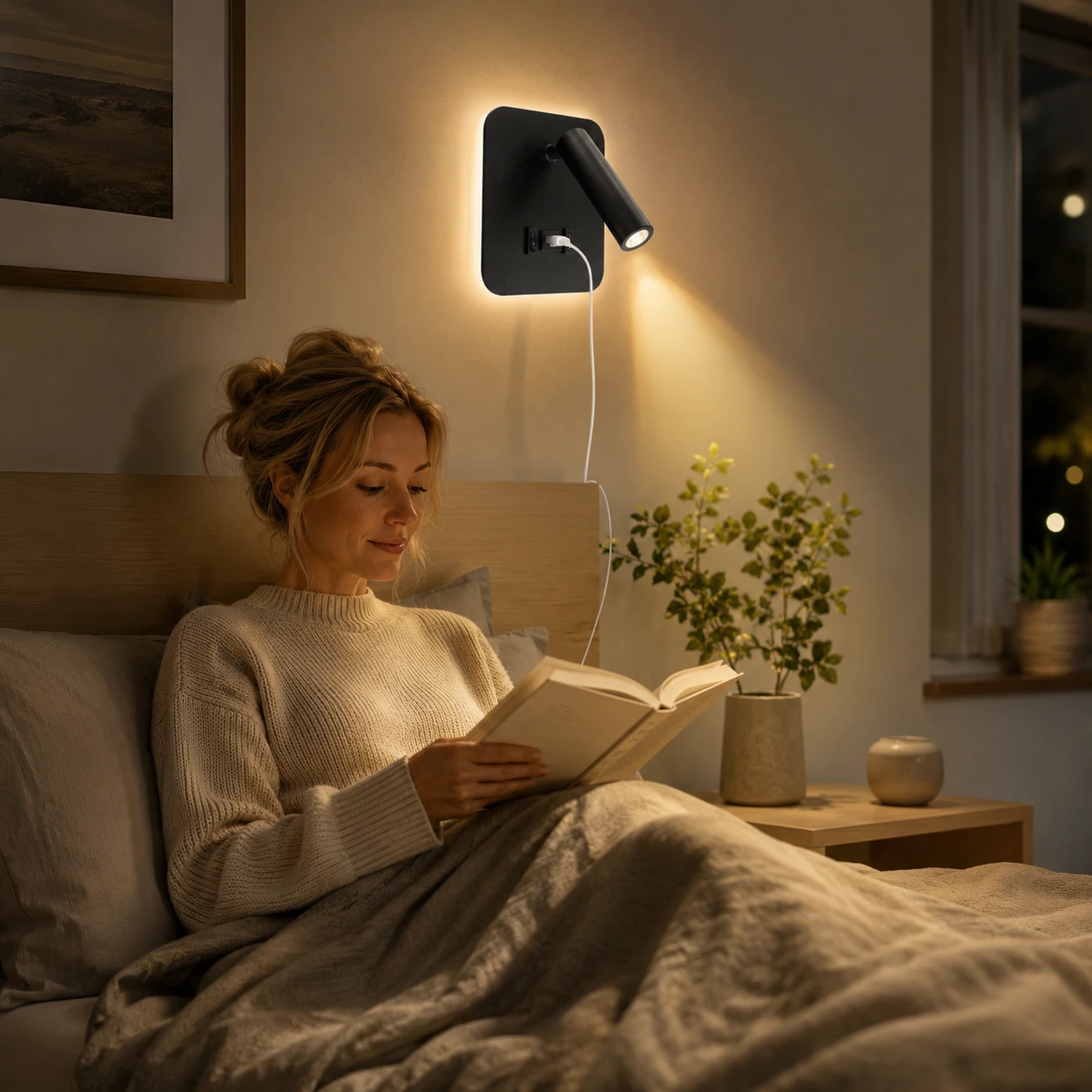 LED vägglampa för säng och läshörna med USB-laddning