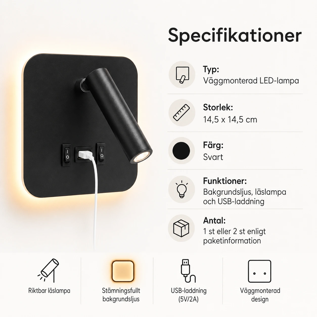 LED vägglampa för säng och läshörna med USB-laddning