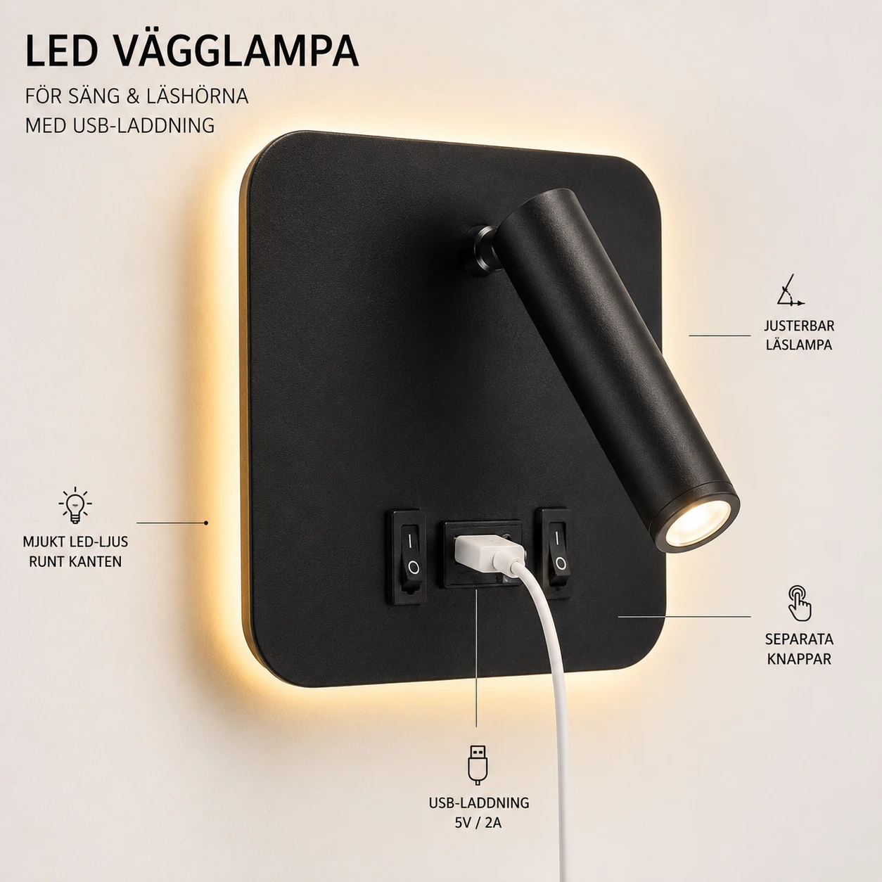LED vägglampa för säng och läshörna med USB-laddning