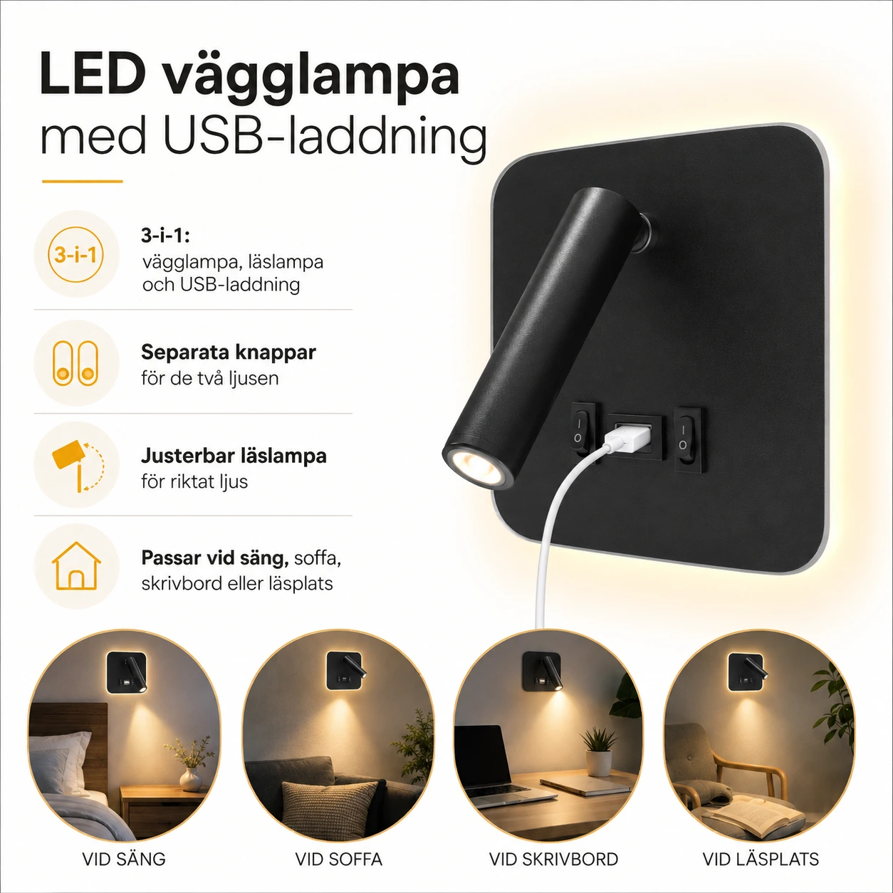 LED vägglampa för säng och läshörna med USB-laddning