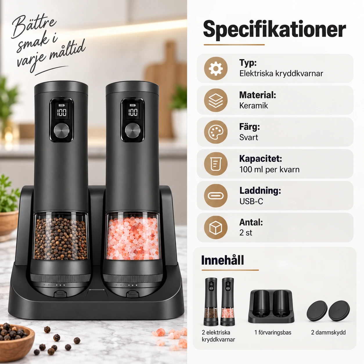 Sähköiset suola- ja pippurimyllyt, 2 kpl, USB-C