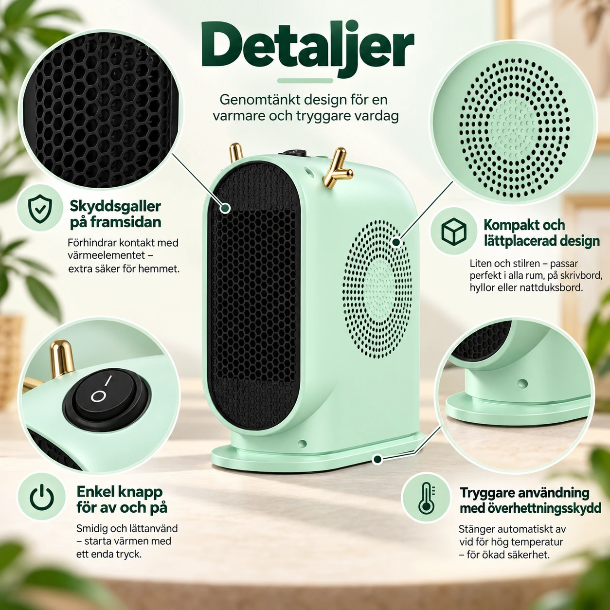 Kannettava lämpöpuhallin kotiin ja työpöydälle, 600W