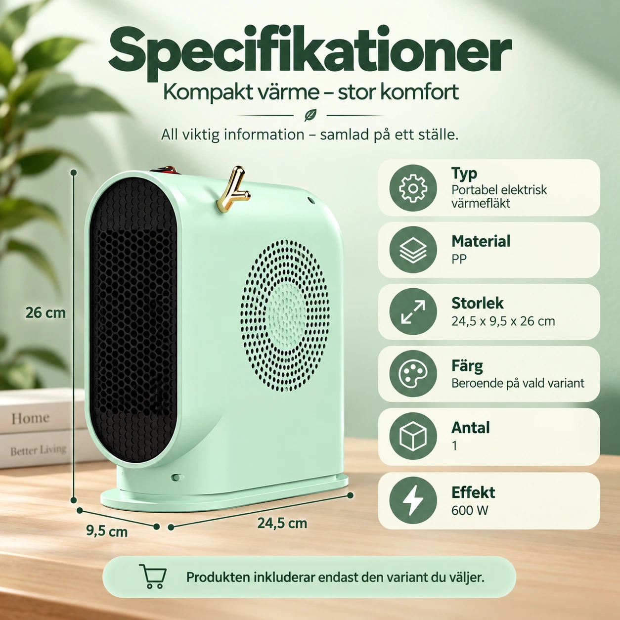 Portabel värmefläkt för skrivbord och hem, 600W