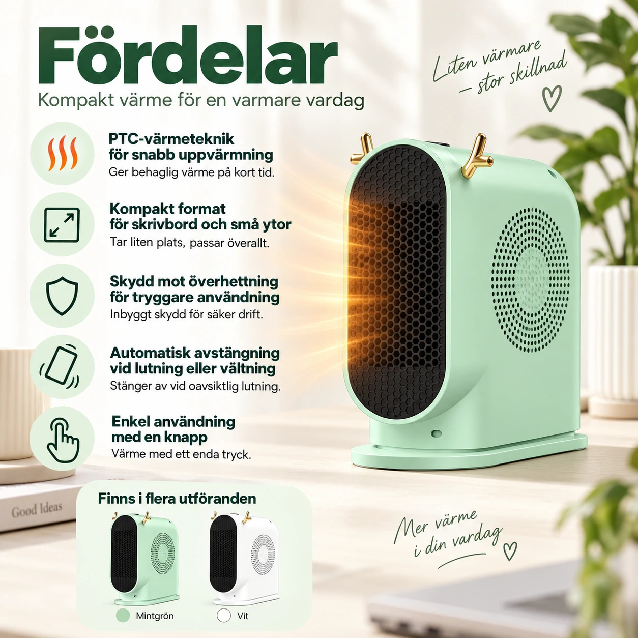 Kannettava lämpöpuhallin kotiin ja työpöydälle, 600W
