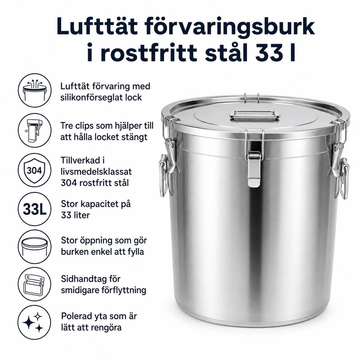 Lufttät förvaringsburk i rostfritt stål 33 l med lock