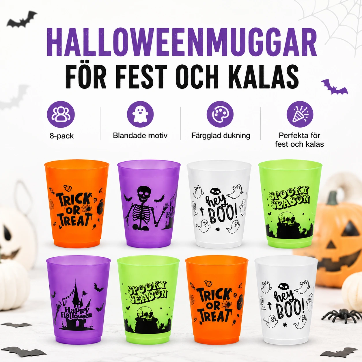 Halloweenmuggar för fest och kalas, 8-pack