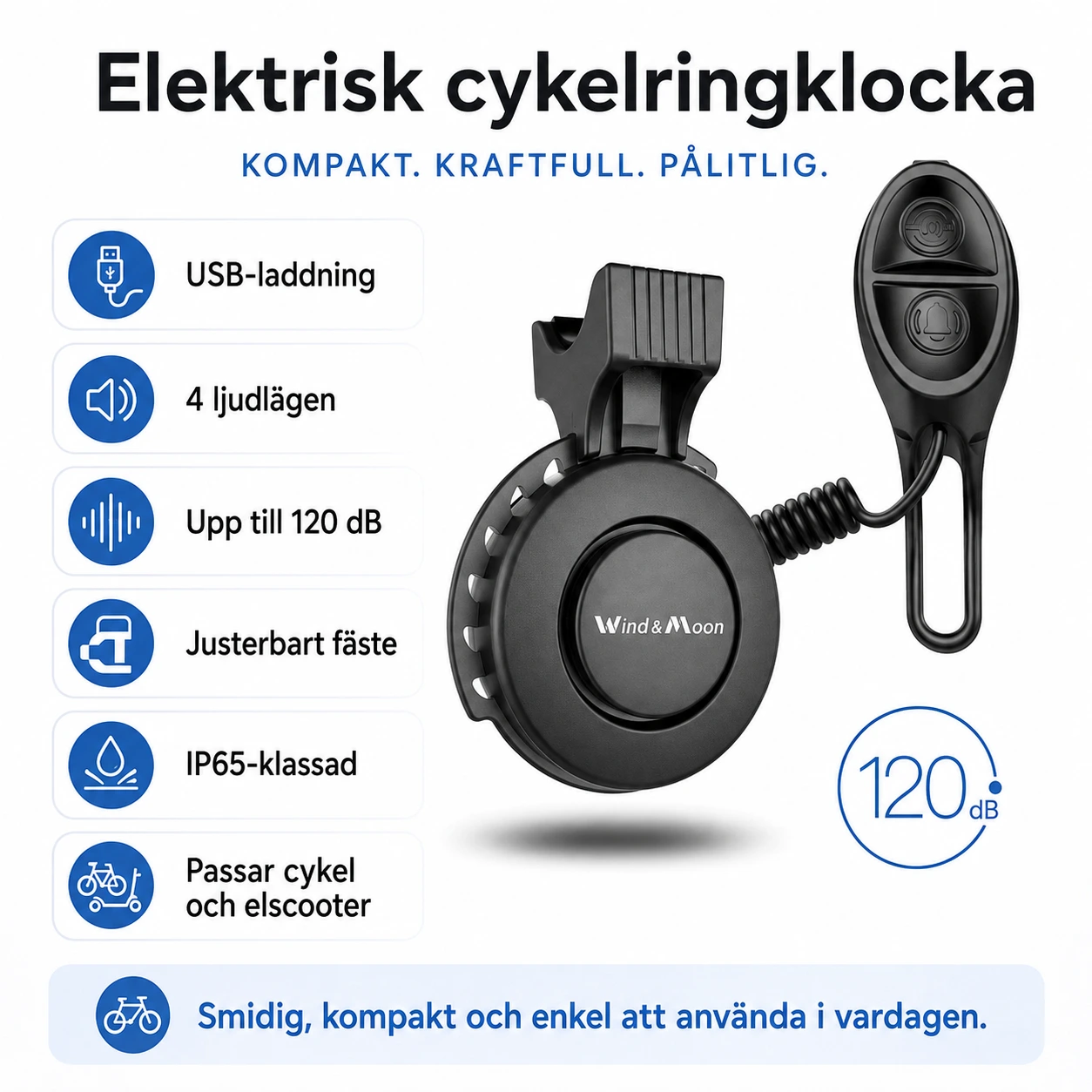 Elektrisk cykelringklocka med USB-laddning och 4 ljudlägen