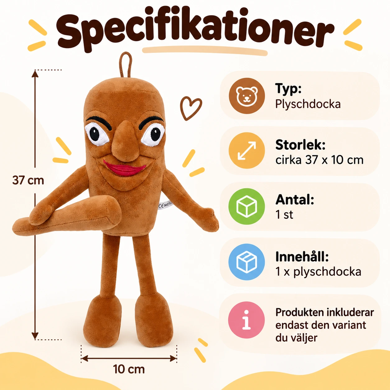 Plyschdocka med hänge och långa ben, 1 st