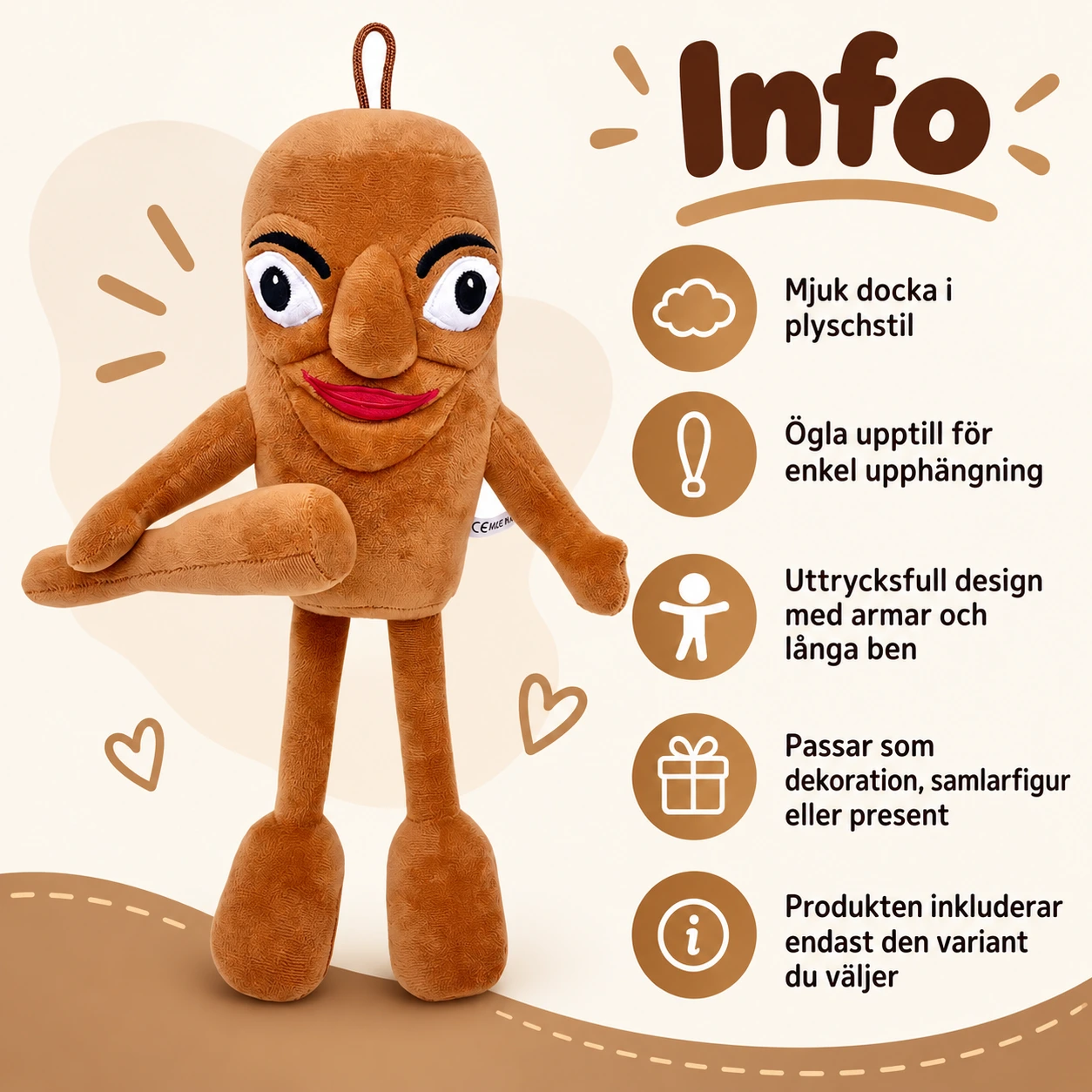 Plyschdocka med hänge och långa ben, 1 st