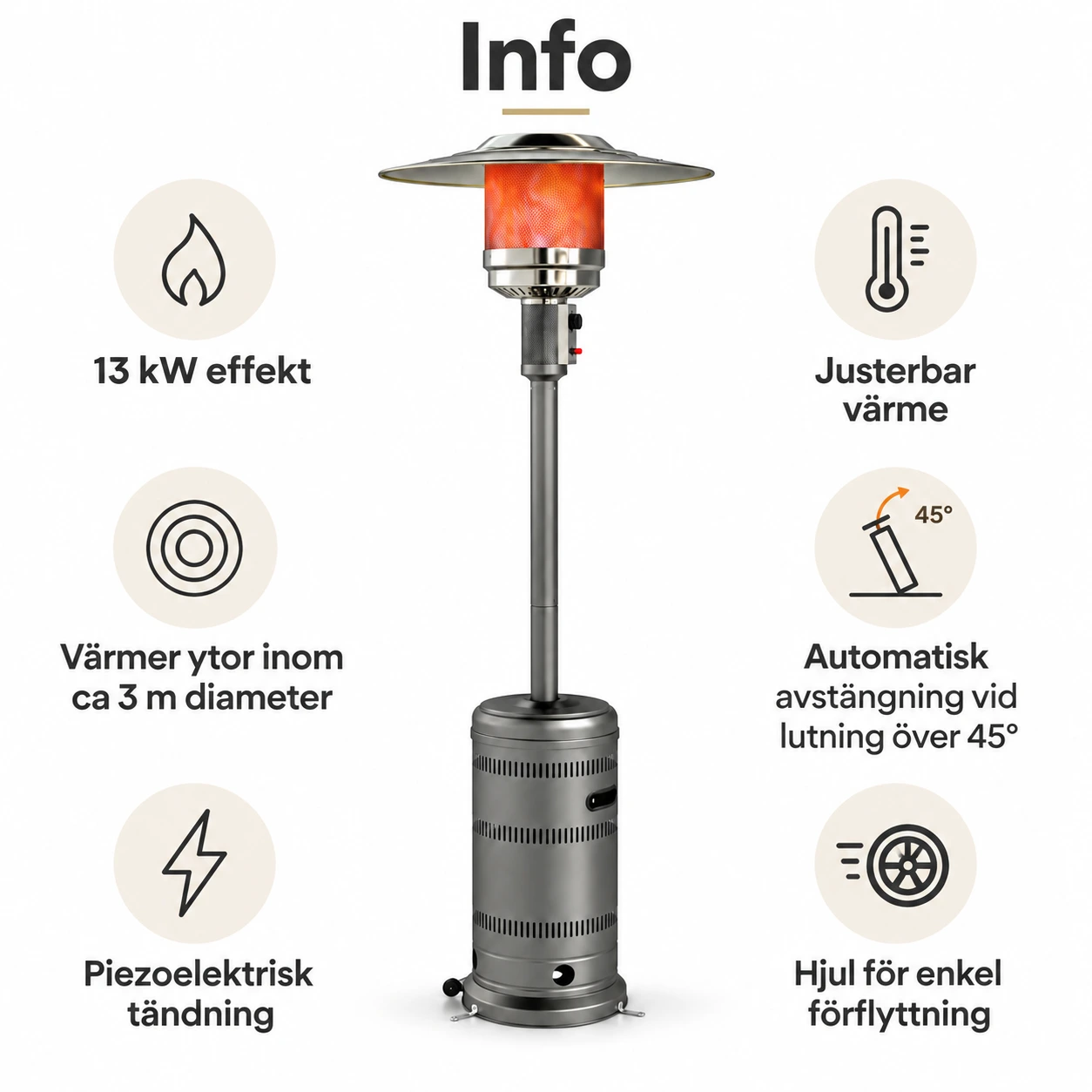 Gasolvärmare för uteplats med hjul och tippskydd