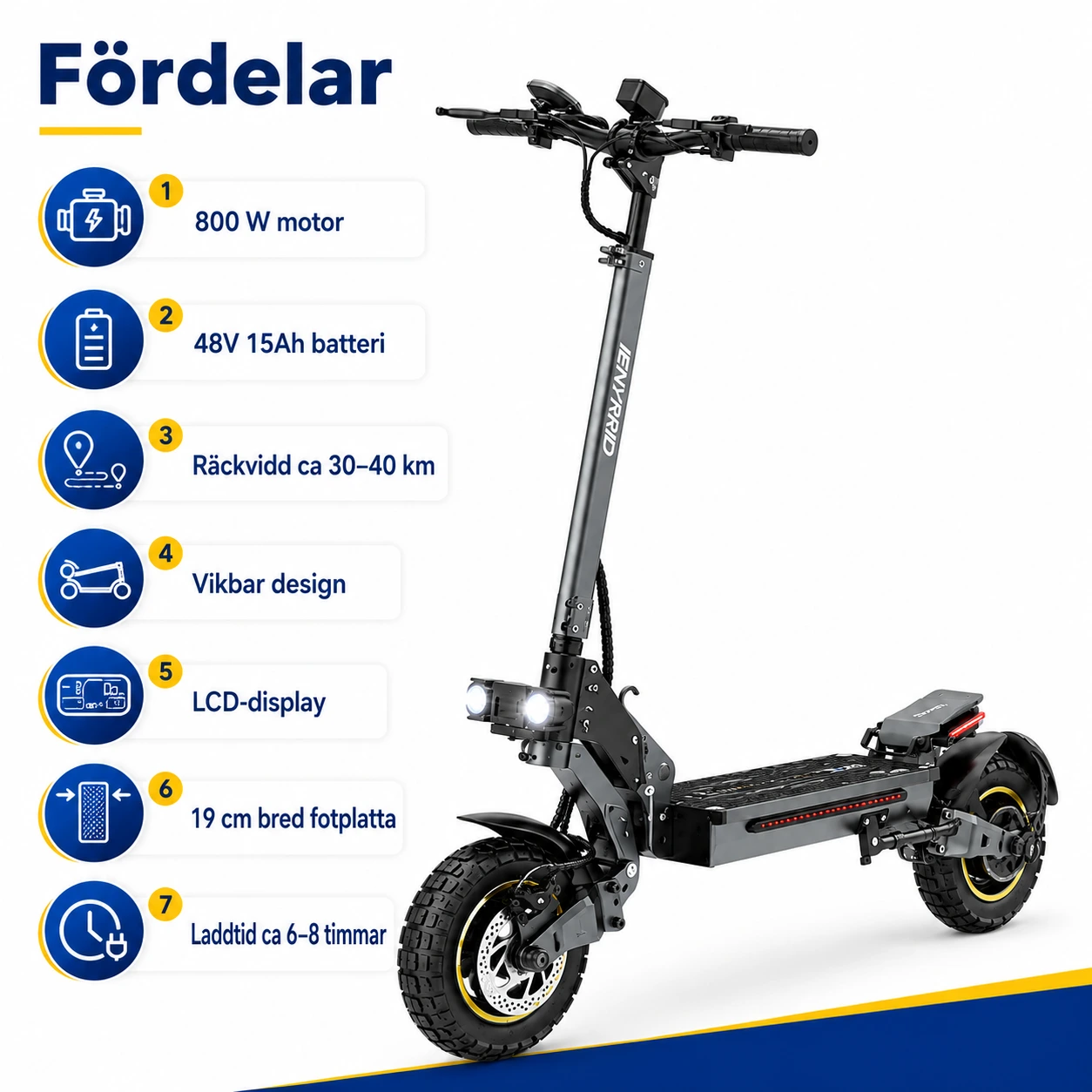 Elscooter Vikbar 800W med 48V 15Ah Batteri och LCD-display