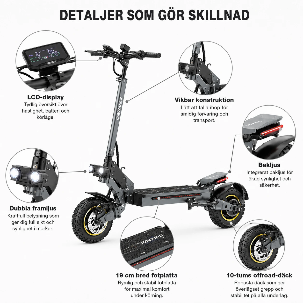 Elscooter Vikbar 800W med 48V 15Ah Batteri och LCD-display