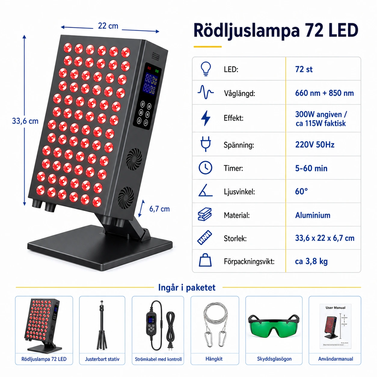 Rödljuslampa 72 LED med Timer och Justerbart Stativ