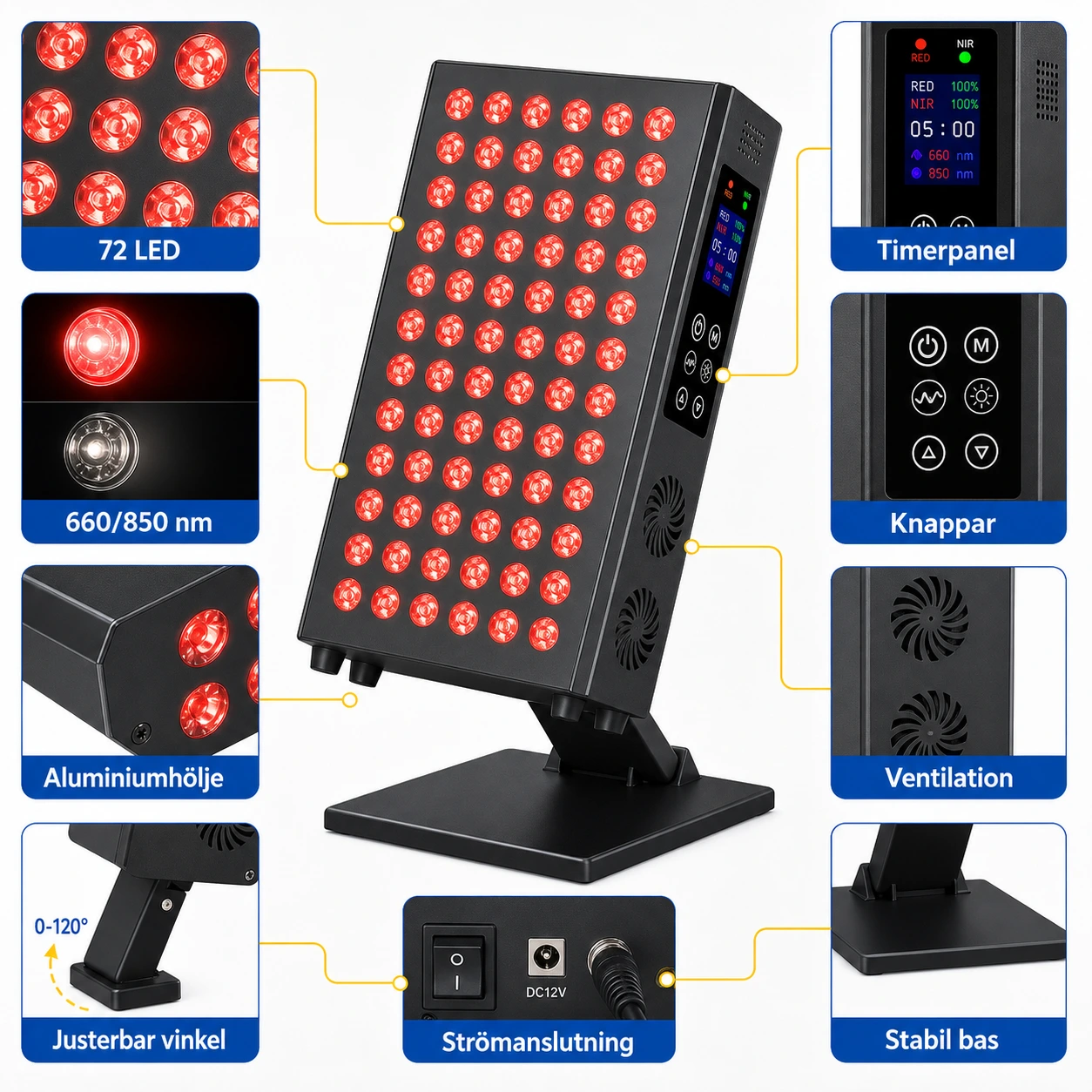 Rödljuslampa 72 LED med Timer och Justerbart Stativ