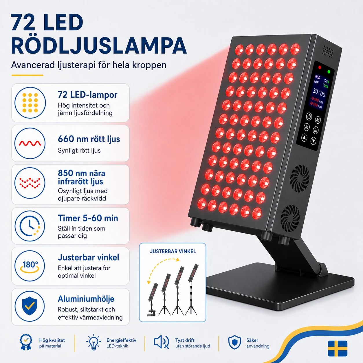 Rödljuslampa 72 LED med Timer och Justerbart Stativ