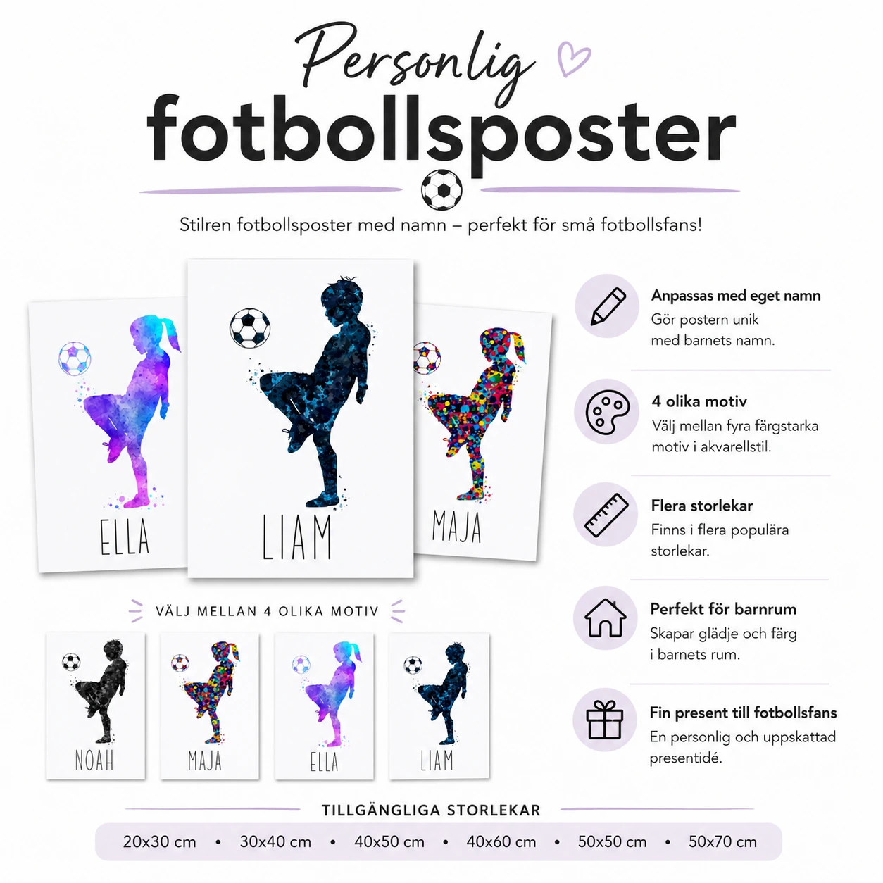 Fotbollsposter Personlig med Namn – Tavla för Barnrum