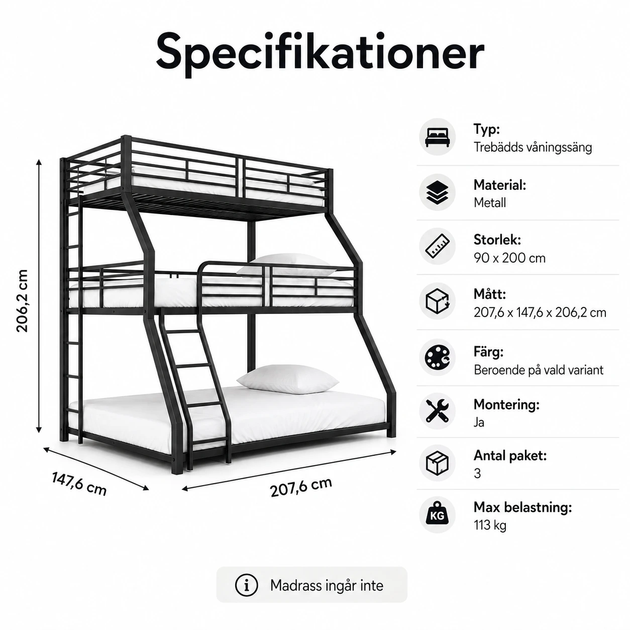 Trebädds våningssäng i metall med stegar