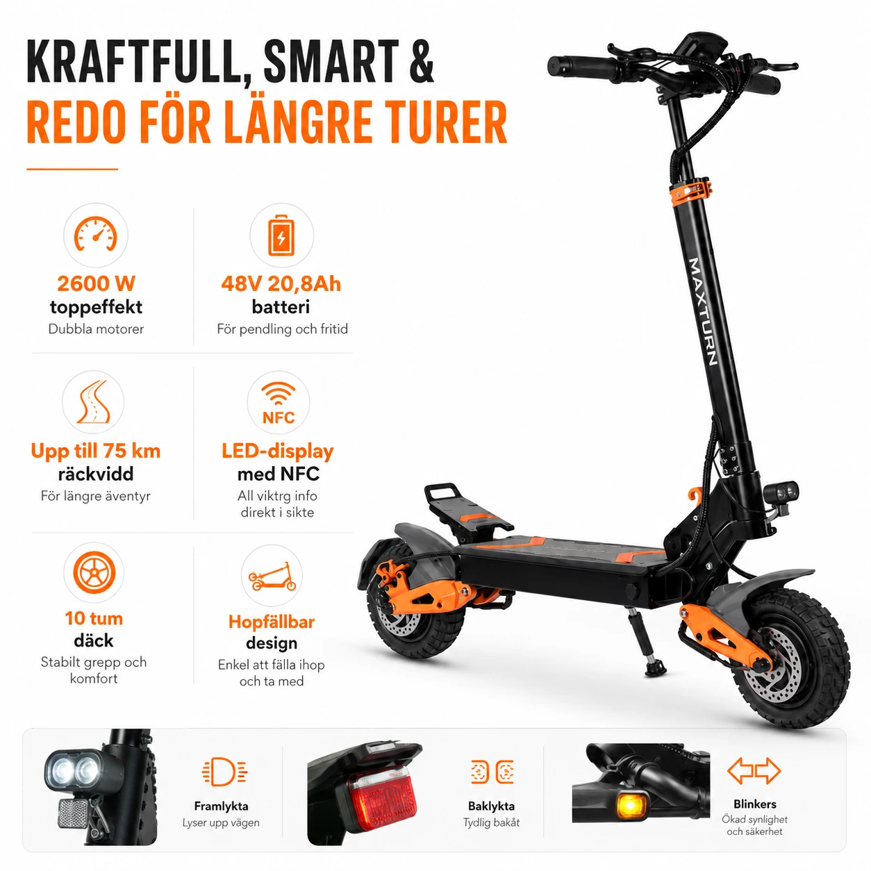Elscooter med dubbla motorer 48V 20,8Ah och NFC 10 tum
