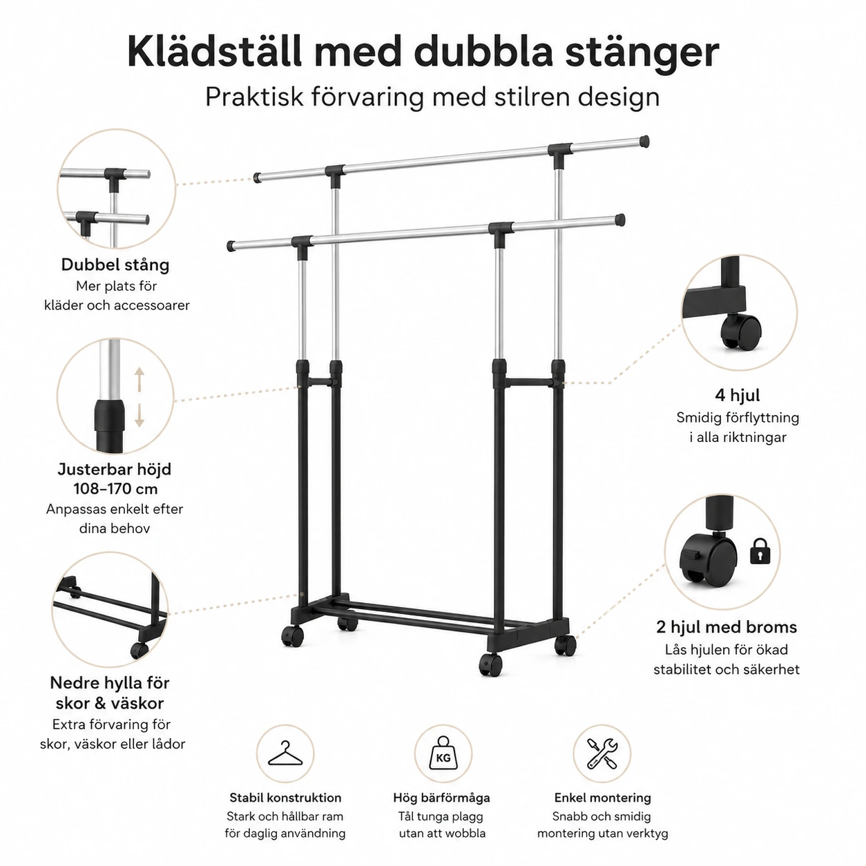 Justerbart Klädställ med Dubbel Stång och Hjul – Svart