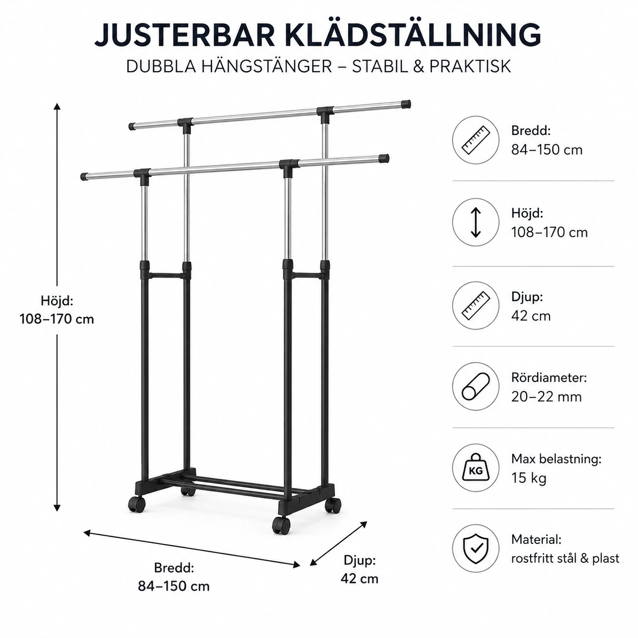Justerbart Klädställ med Dubbel Stång och Hjul – Svart