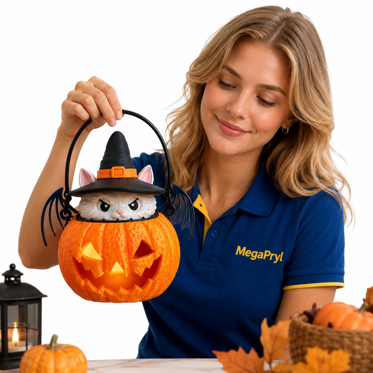 Halloweenlykta med katt och pumpa för dekoration