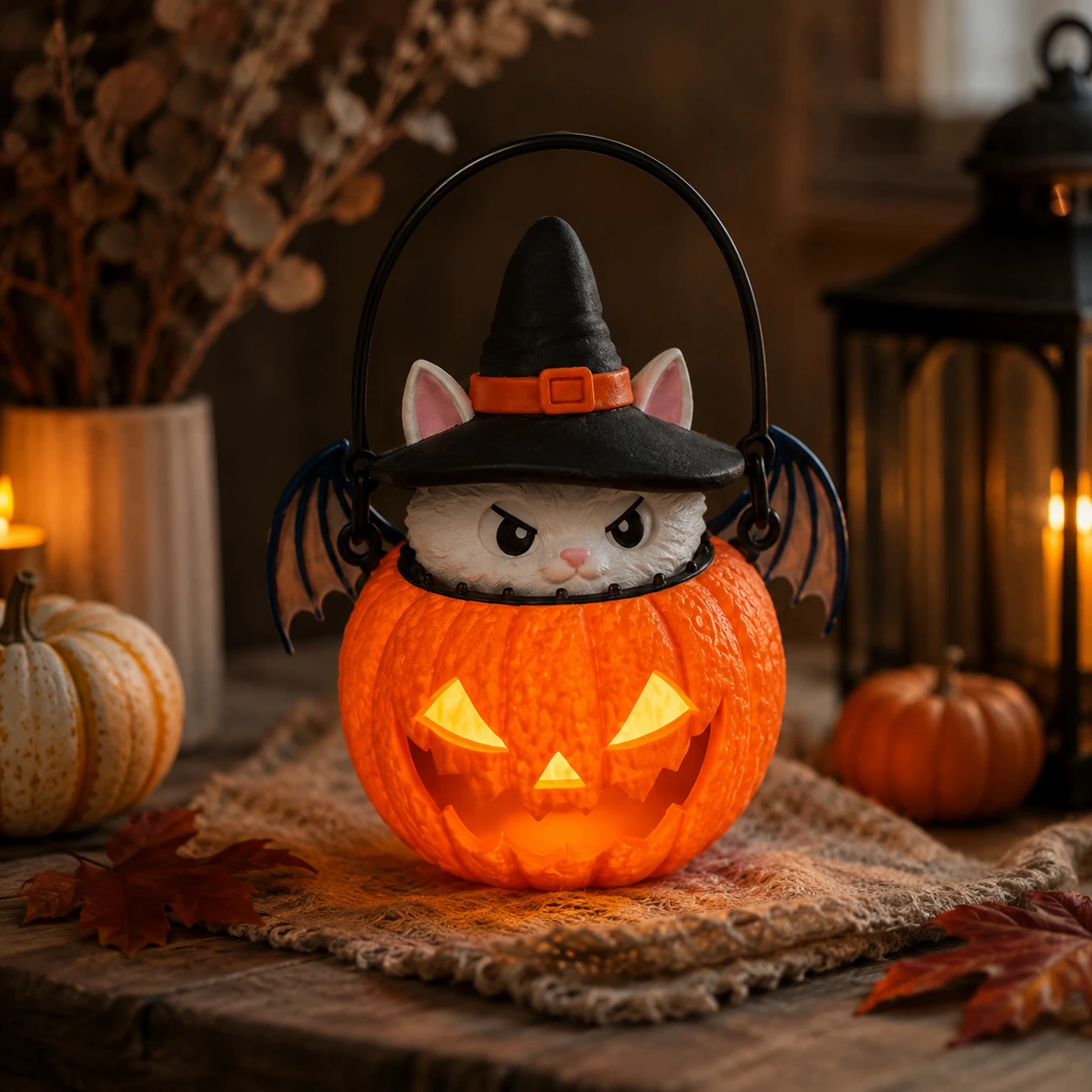 Halloweenlykta med katt och pumpa för dekoration