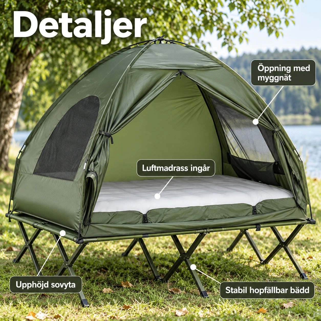 Campingbädd med tält för 2 personer och luftmadrass