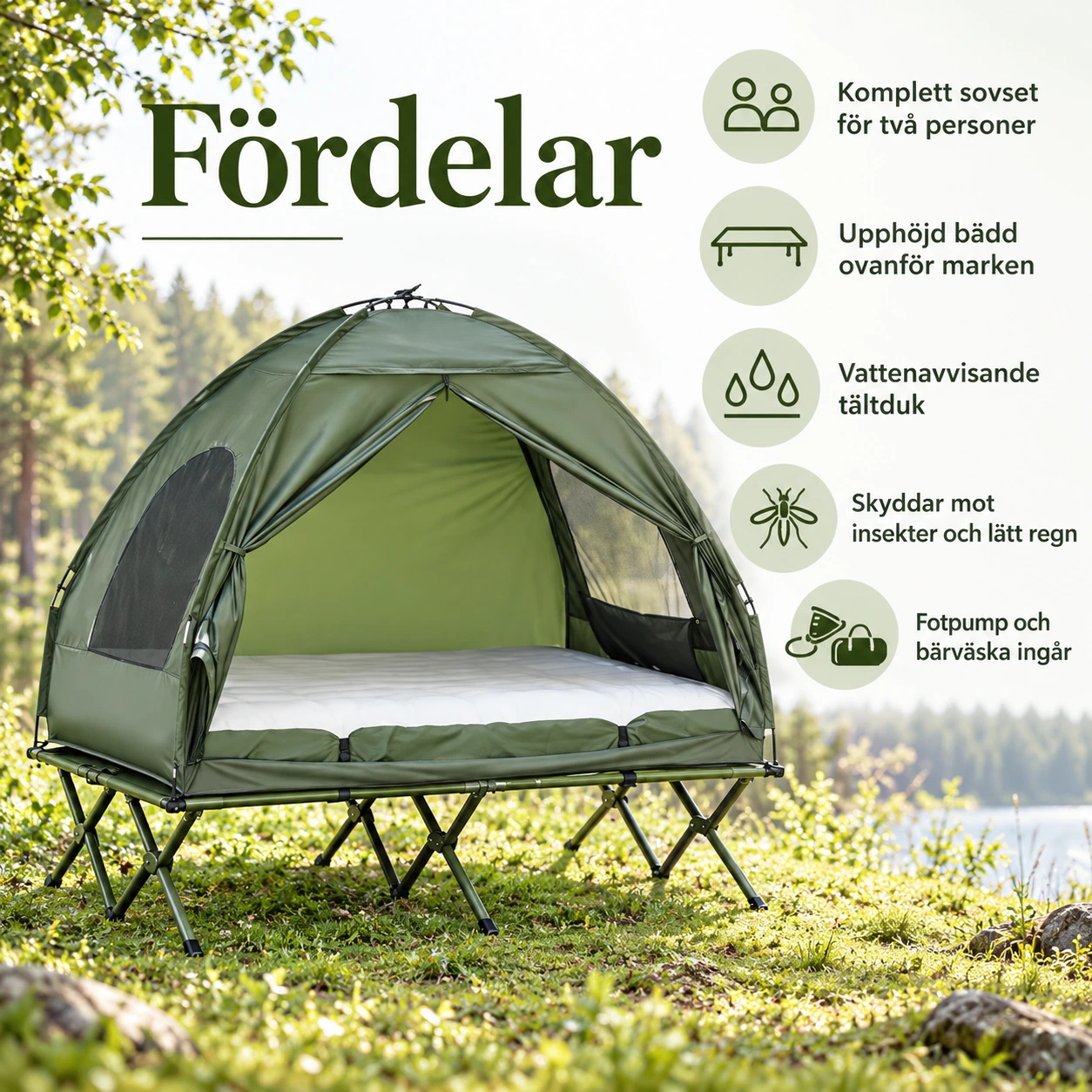 Campingbädd med tält för 2 personer och luftmadrass