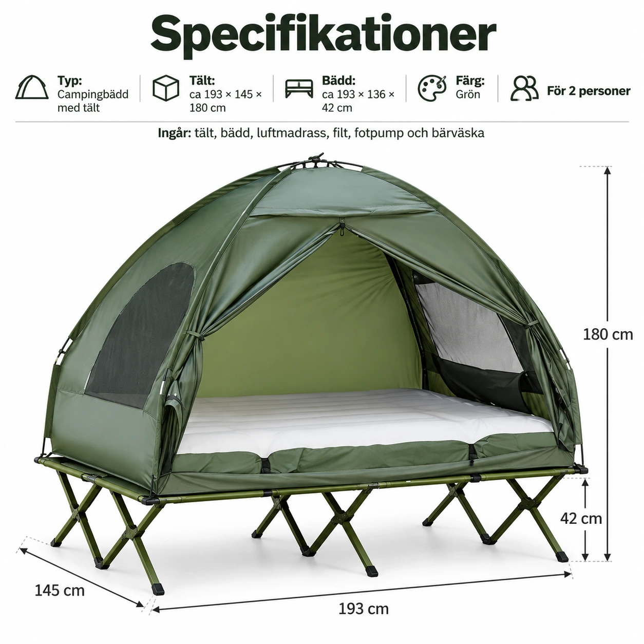 Campingbädd med tält för 2 personer och luftmadrass