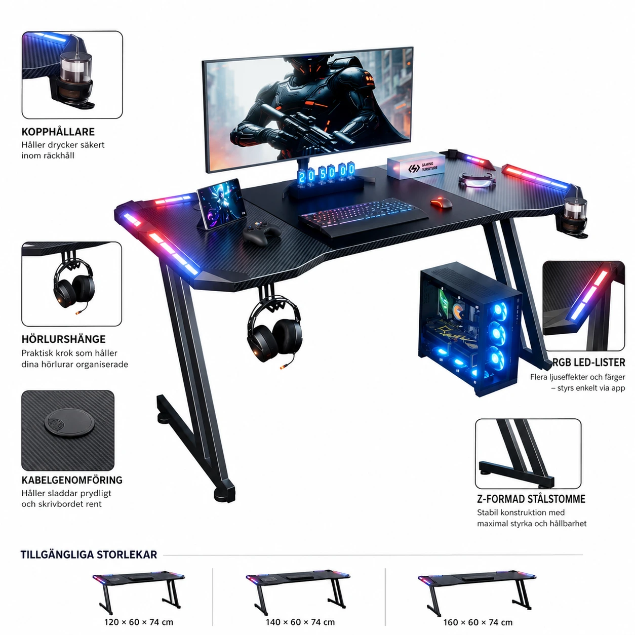 Gamingbord med LED – RGB-ljus och stabila Z-ben