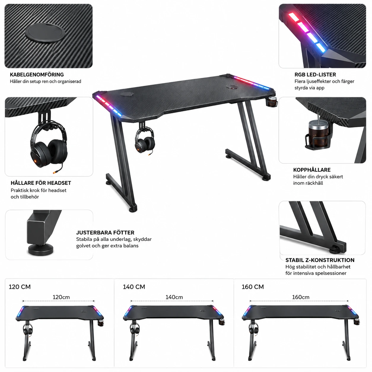 Gamingbord med LED – RGB-ljus och stabila Z-ben