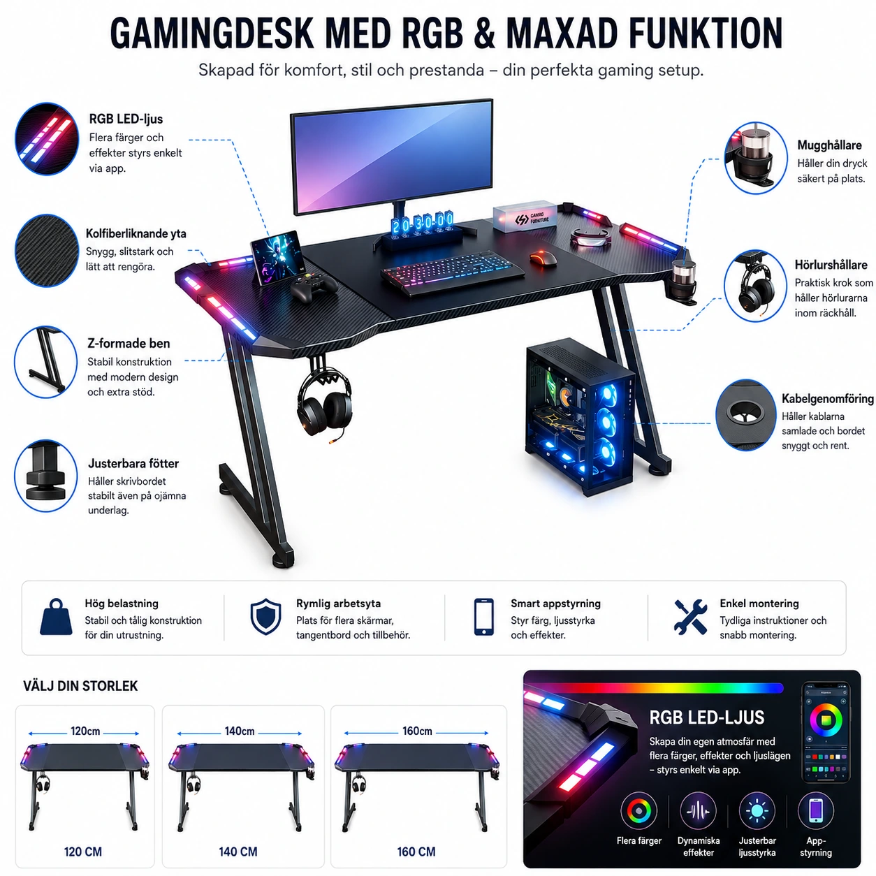 Gamingbord med LED – RGB-ljus och stabila Z-ben