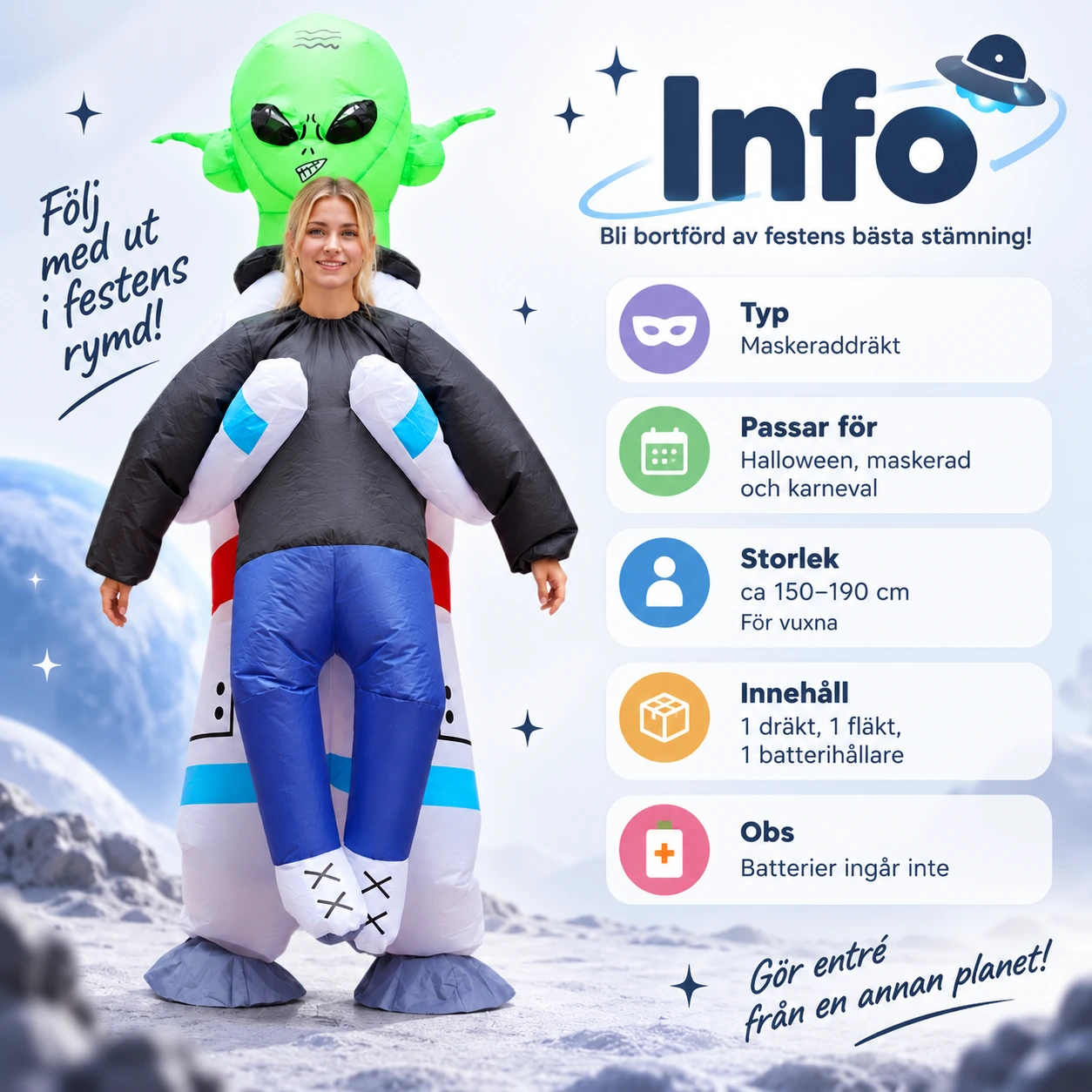 Maskeraddräkt vuxen alien med bortförande motiv uppblåsbar