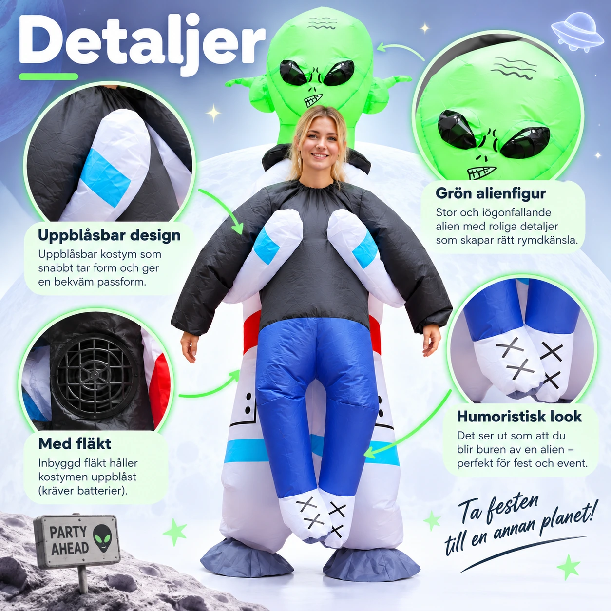 Maskeraddräkt vuxen alien med bortförande motiv uppblåsbar