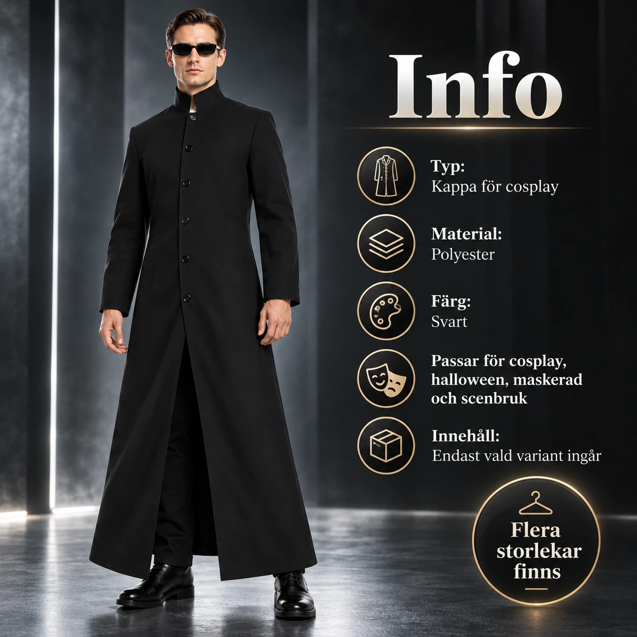 Pitkä musta cosplay-takki pystykauluksella ja aurinkolaseilla