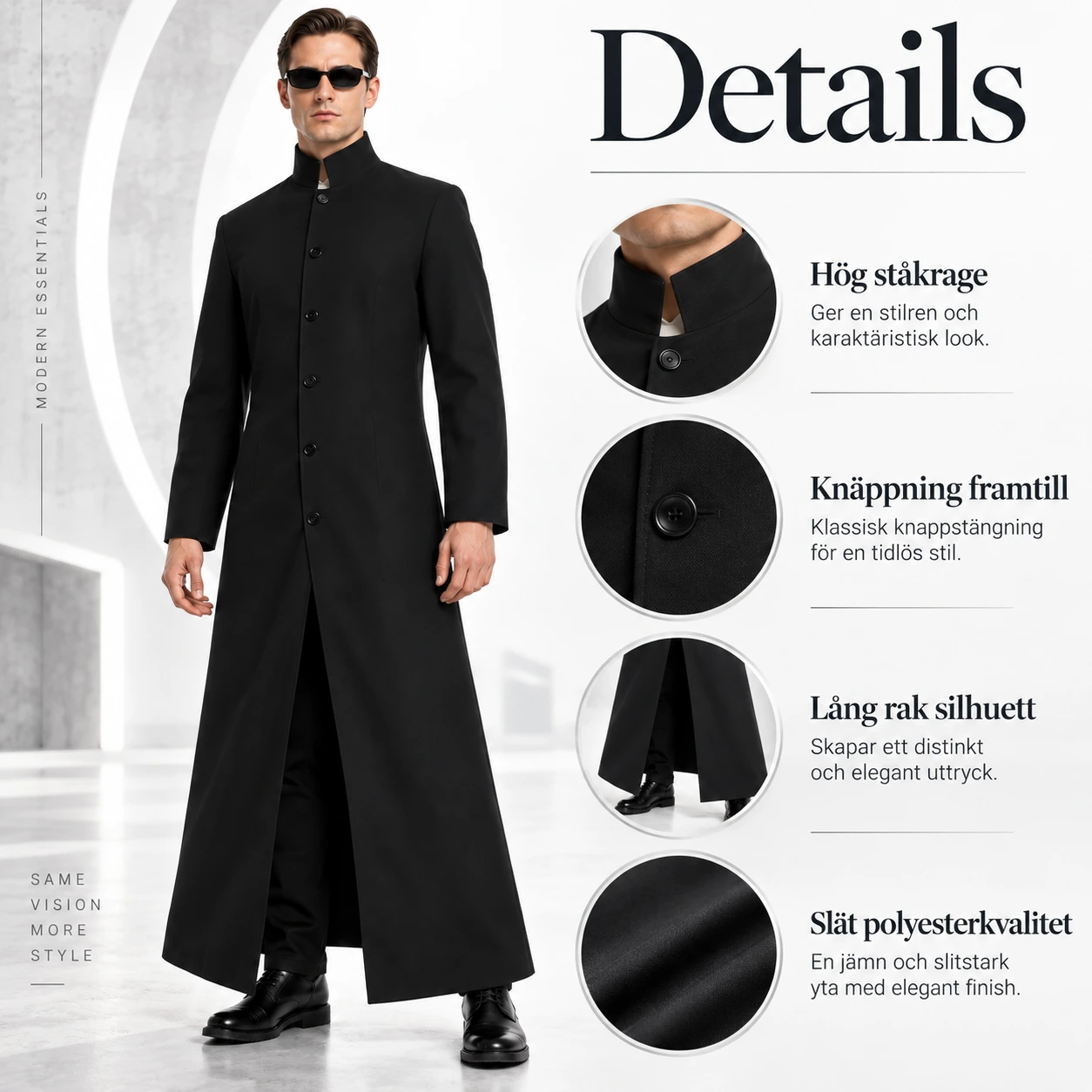 Pitkä musta cosplay-takki pystykauluksella ja aurinkolaseilla