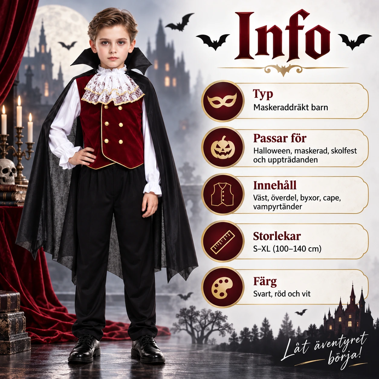 Lasten vampyyriasu, viitta ja vampyyrinhampaat