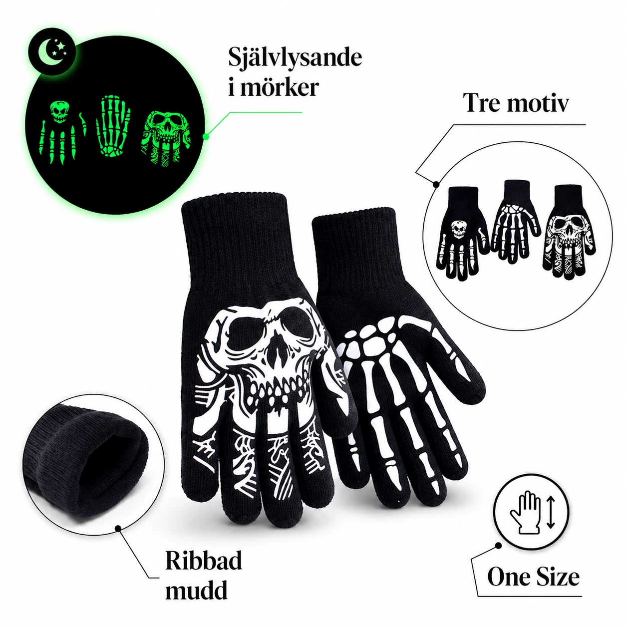Självlysande halloweenhandskar med skelettmotiv