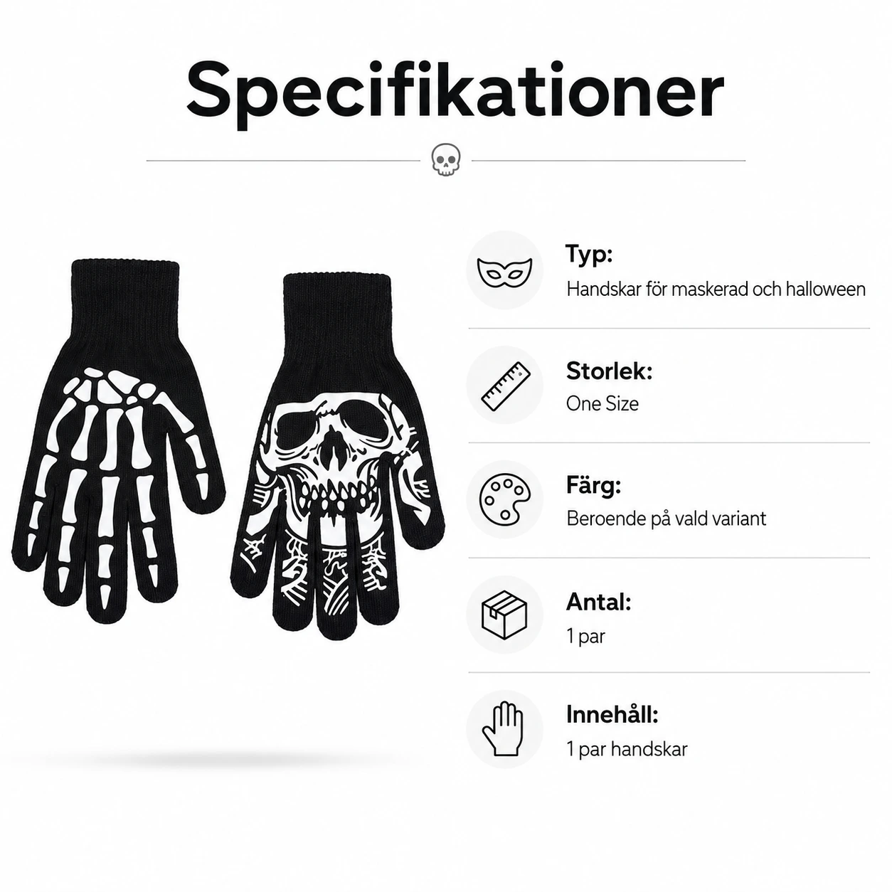 Självlysande halloweenhandskar med skelettmotiv