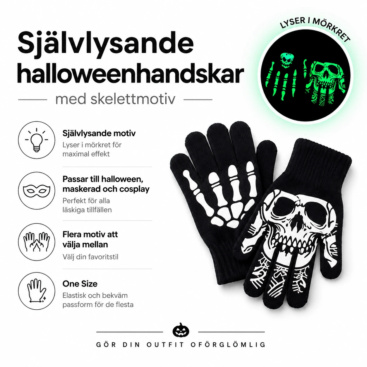 Självlysande halloweenhandskar med skelettmotiv