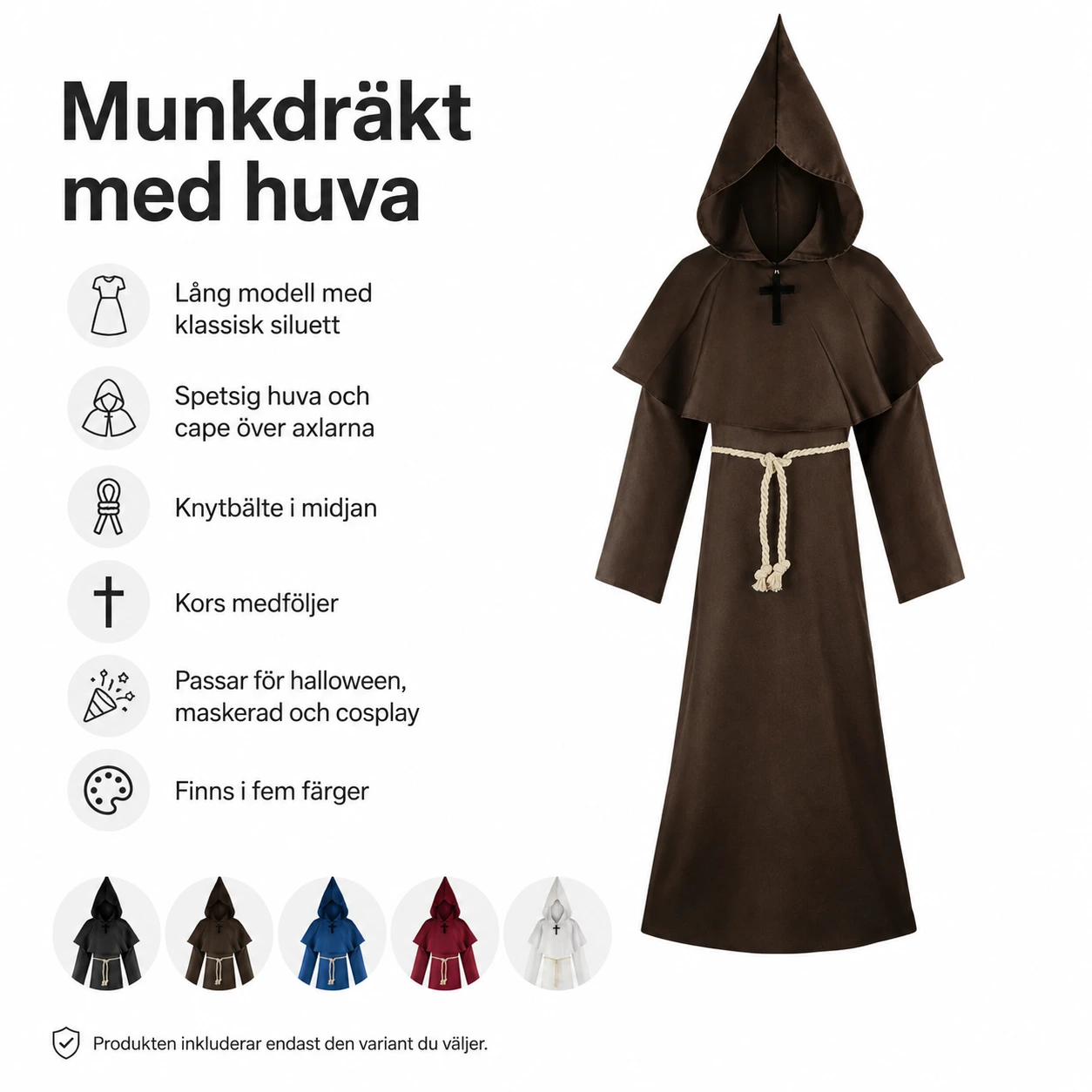 Munkdräkt med huva för halloween och maskerad