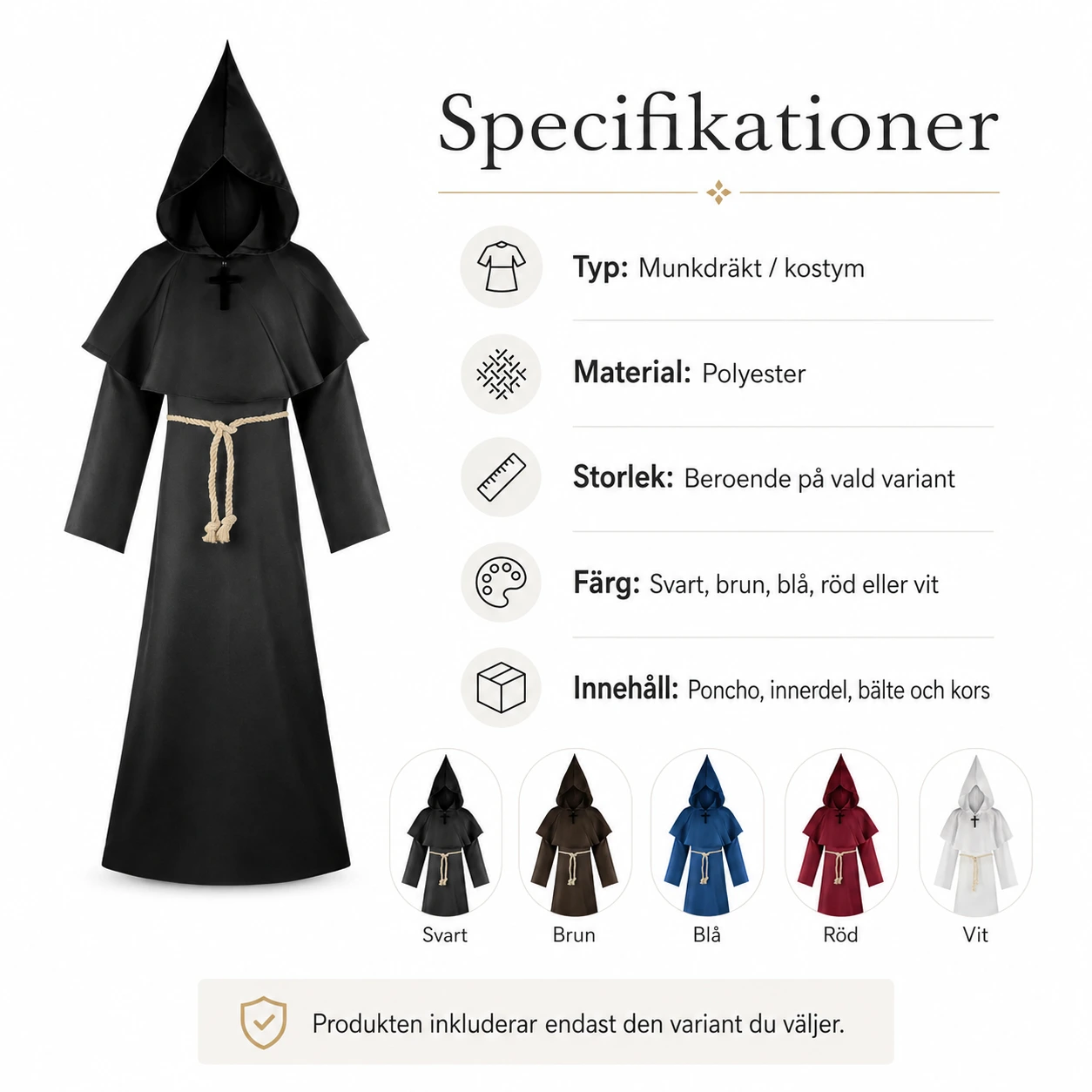 Munkdräkt med huva för halloween och maskerad