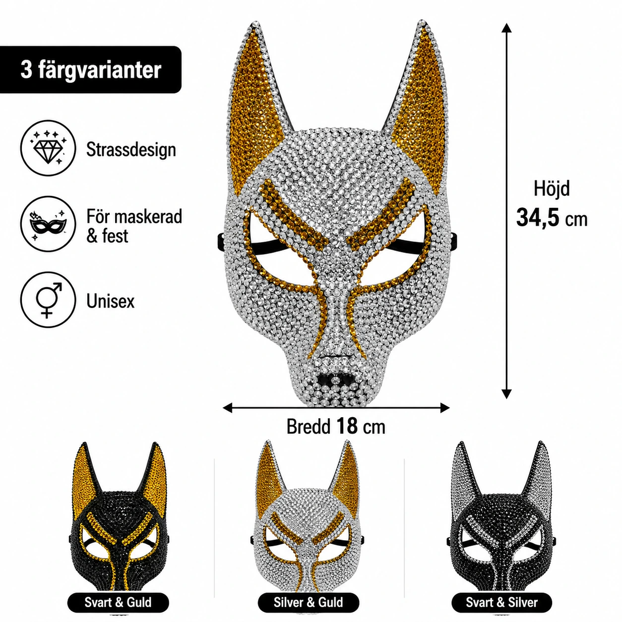 Anubismask med Strass – Glittrig Mask för Maskerad & Fest