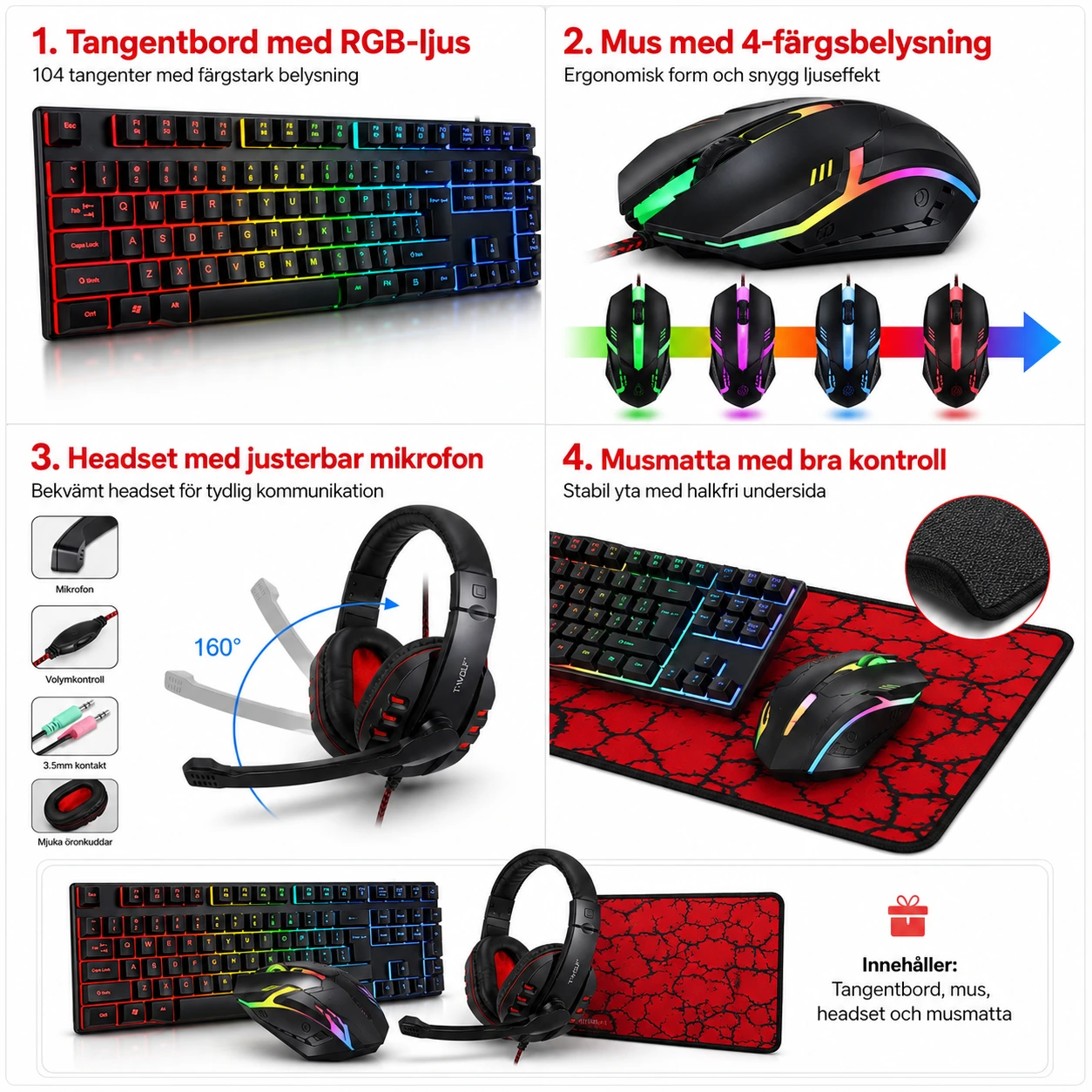 Gaming Set 4-i-1 – Tangentbord, Mus, Headset & Musmatta