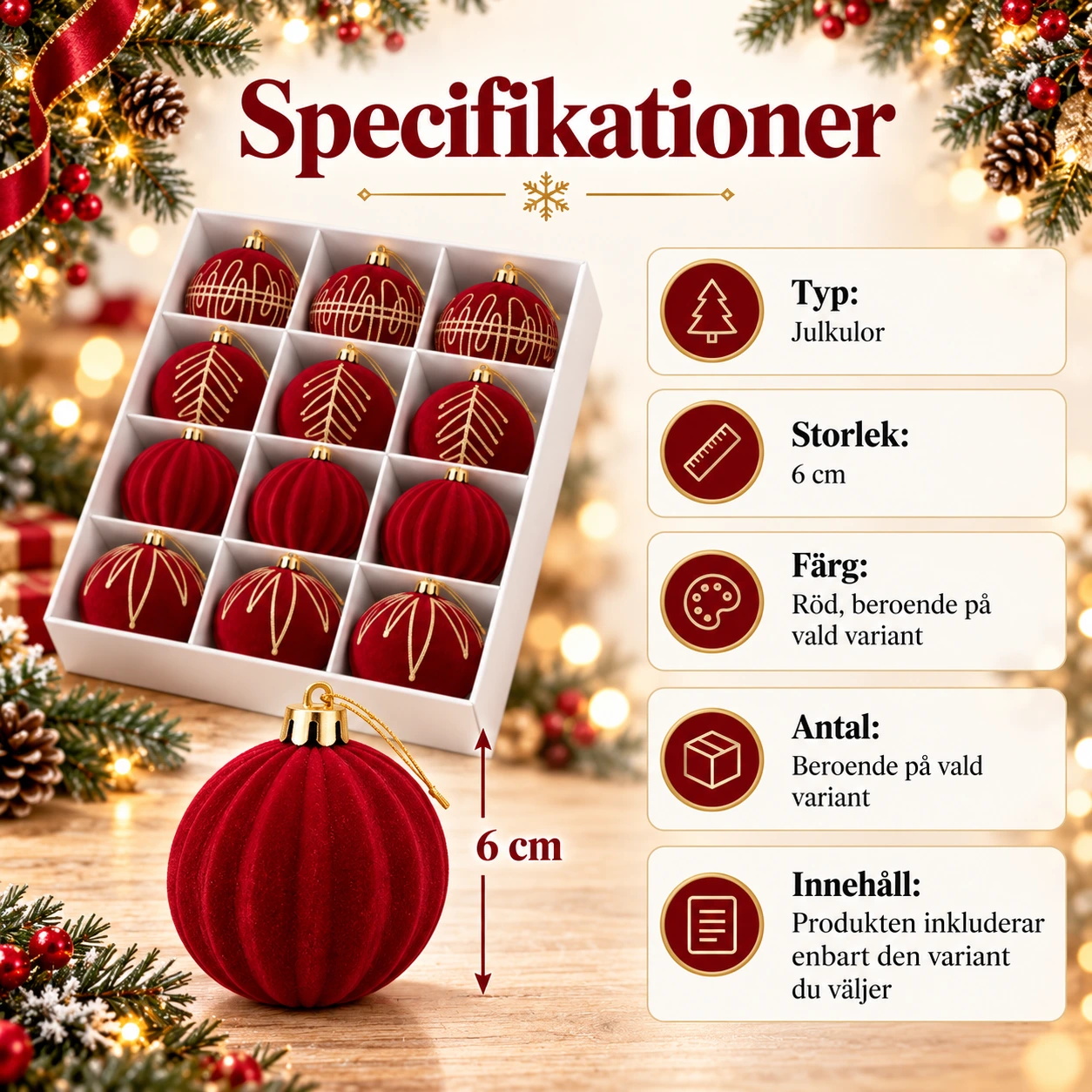Julkulor för gran och krans med guldfärgat mönster