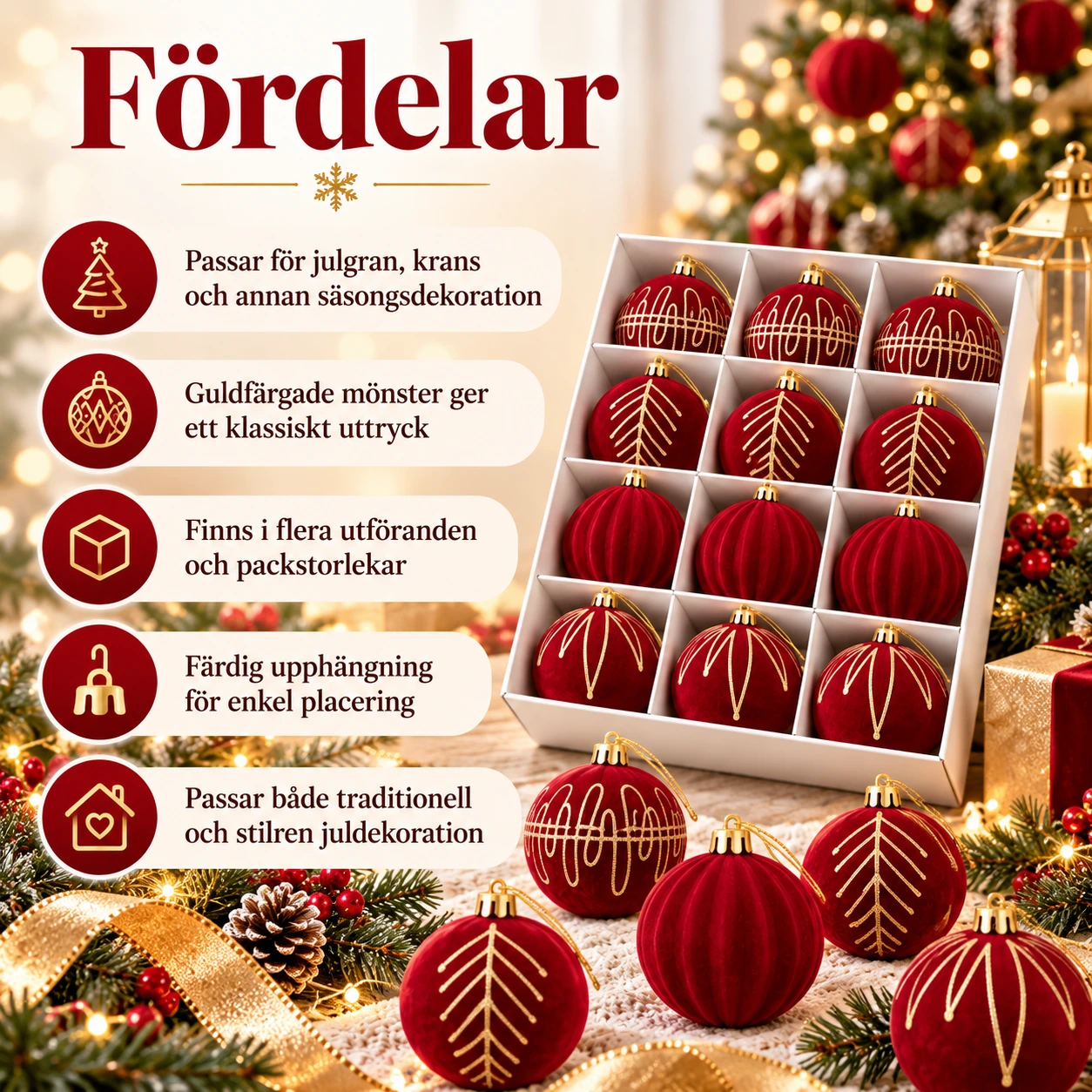 Julkulor för gran och krans med guldfärgat mönster