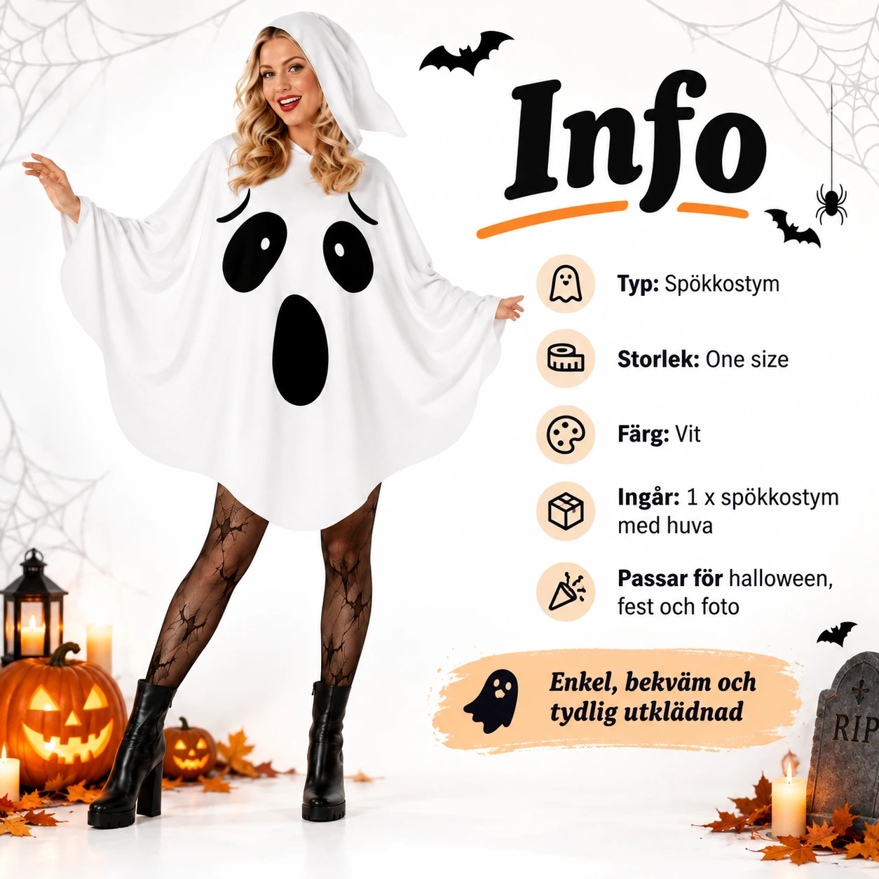 Spökkostym dam med huva, one size